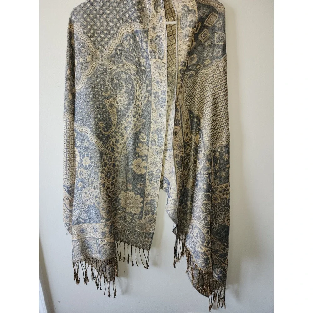 Navy Gold Paisley Metallic Pashmina Scarf Wrap Shawl with Fringe UB153105